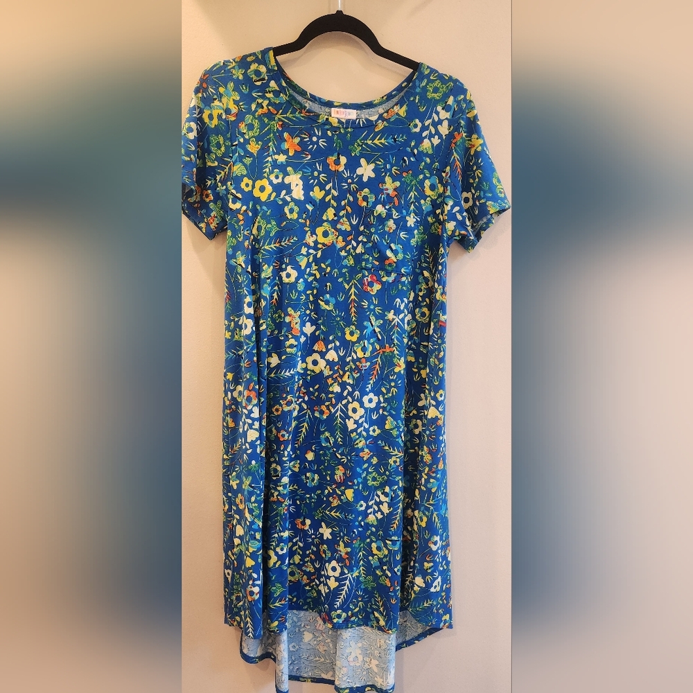 LuLaRoe Carly Hi Low Dress Blue Floral Sz S Short Sleeve Pull On Women